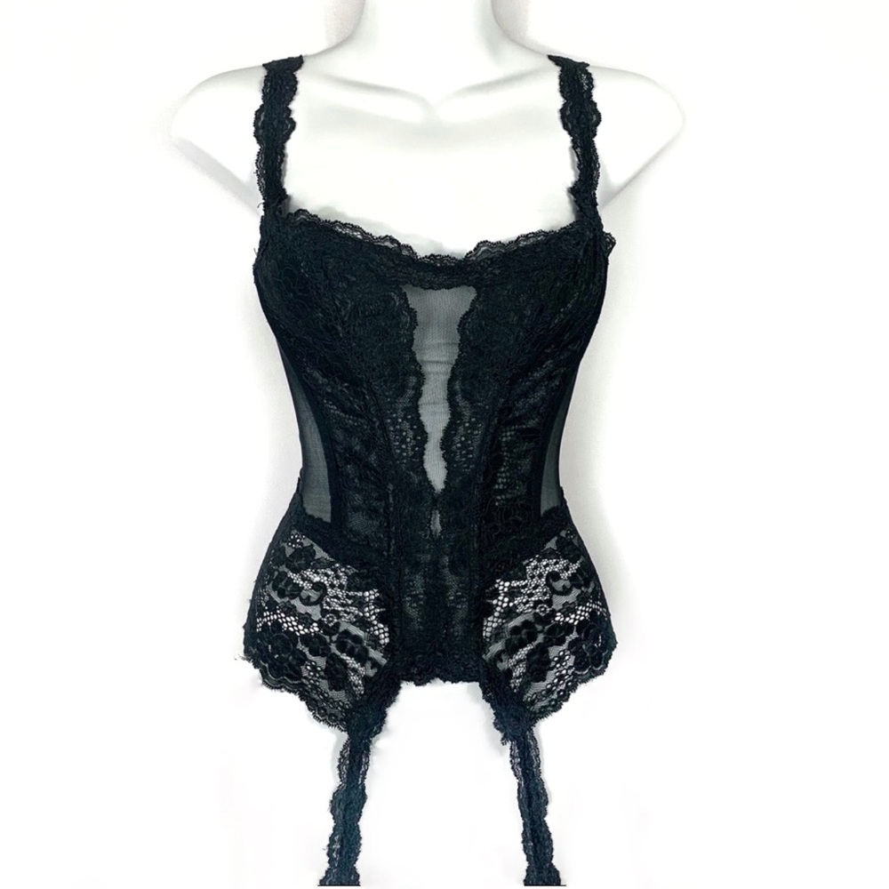 Vintage 80s VICTORIA'S SECRET Black Lace Bustier Corset 34 A/B/C Free Cup